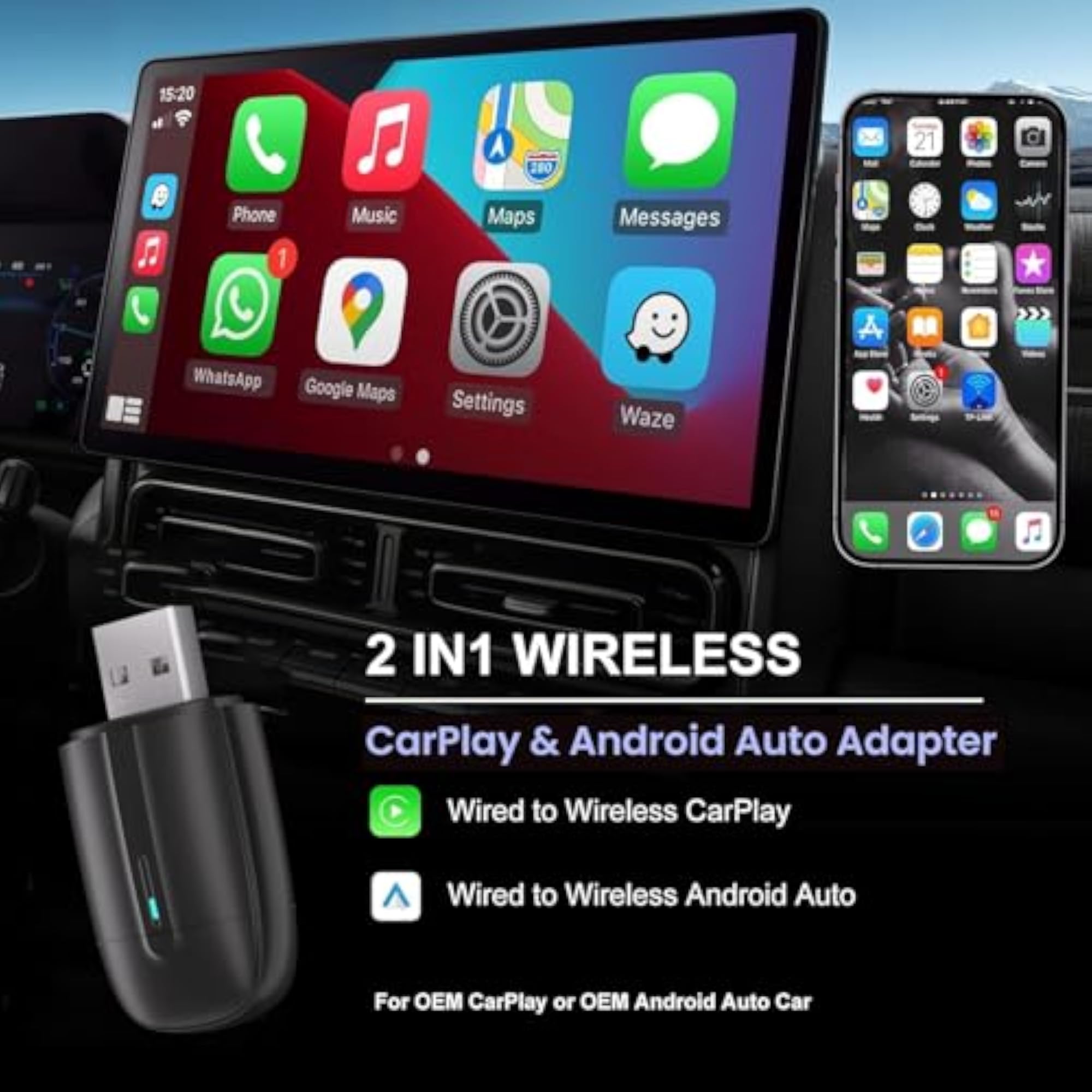 2-in-1 Wireless CarPlay & Android Auto Adapter Converts Wired to Wireless